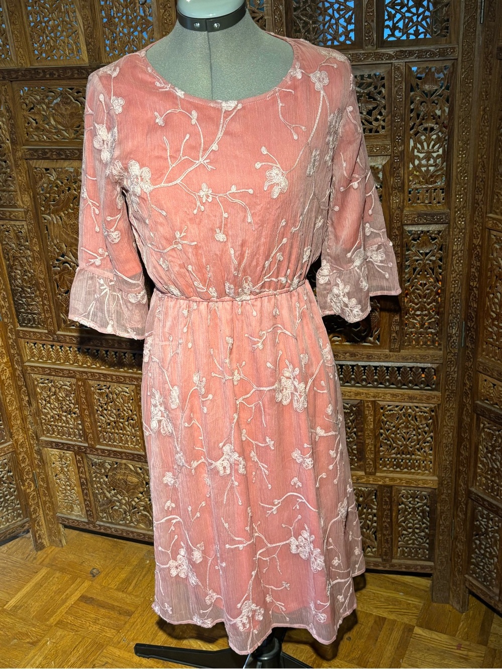 NWOT Piper & Scoot Embroidered Pink Midi Dress with Bell Sleeves